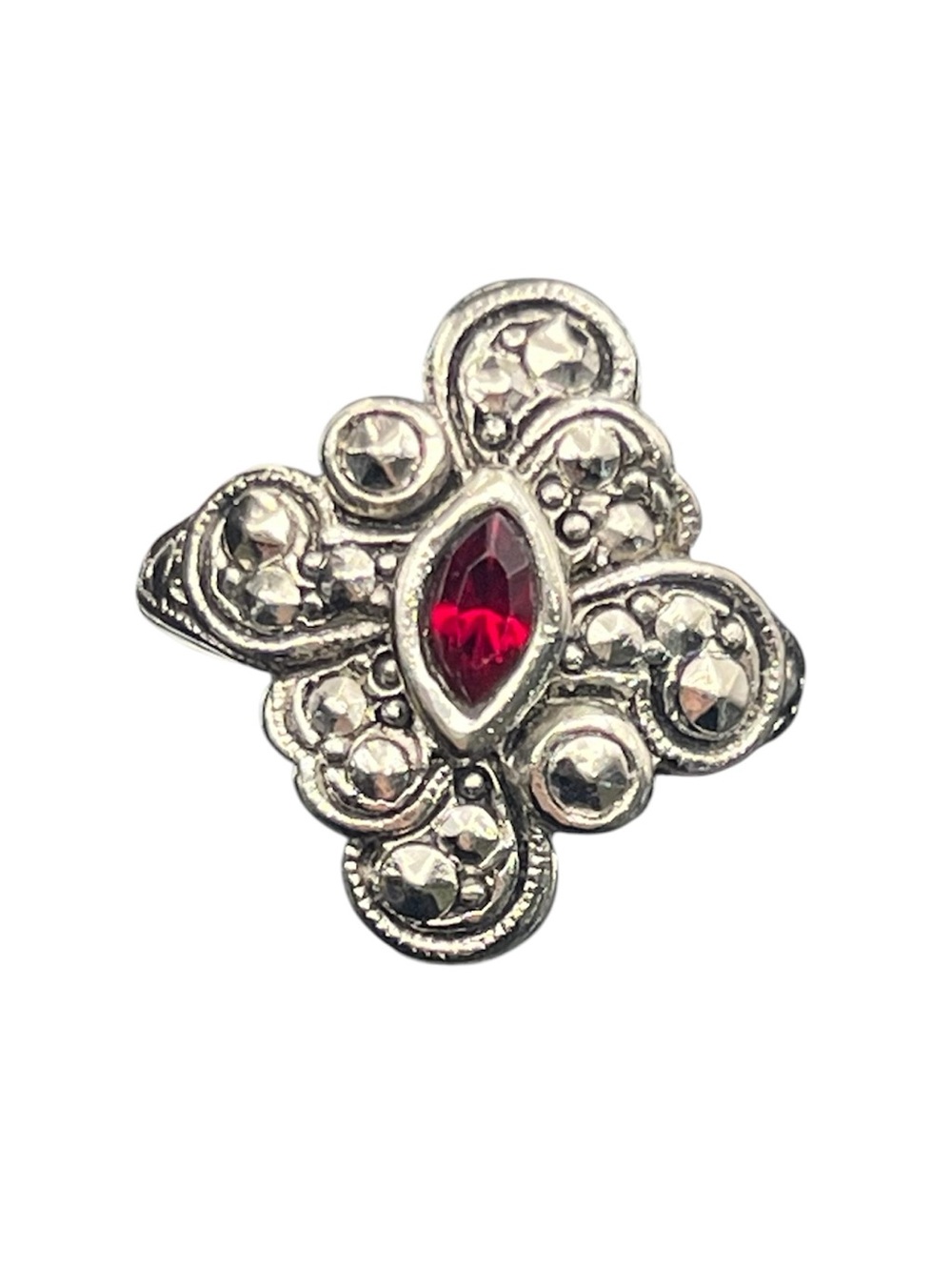 Art Nouveau style silver tone faux marcasite & res rhinestone cocktail ring sz 7